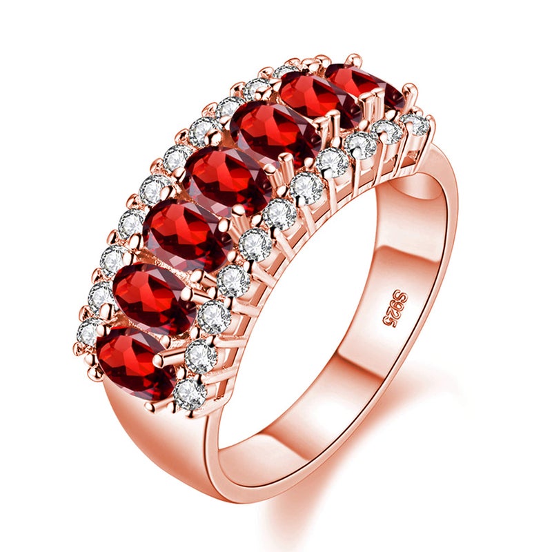Uloveido Women's Rose Gold Plated Oval Cut Red Cubic Zirconia 7 Stones Wedding Band,Simulated Ruby Birthstone Ring J501 (Red, Size 6) - Image 1